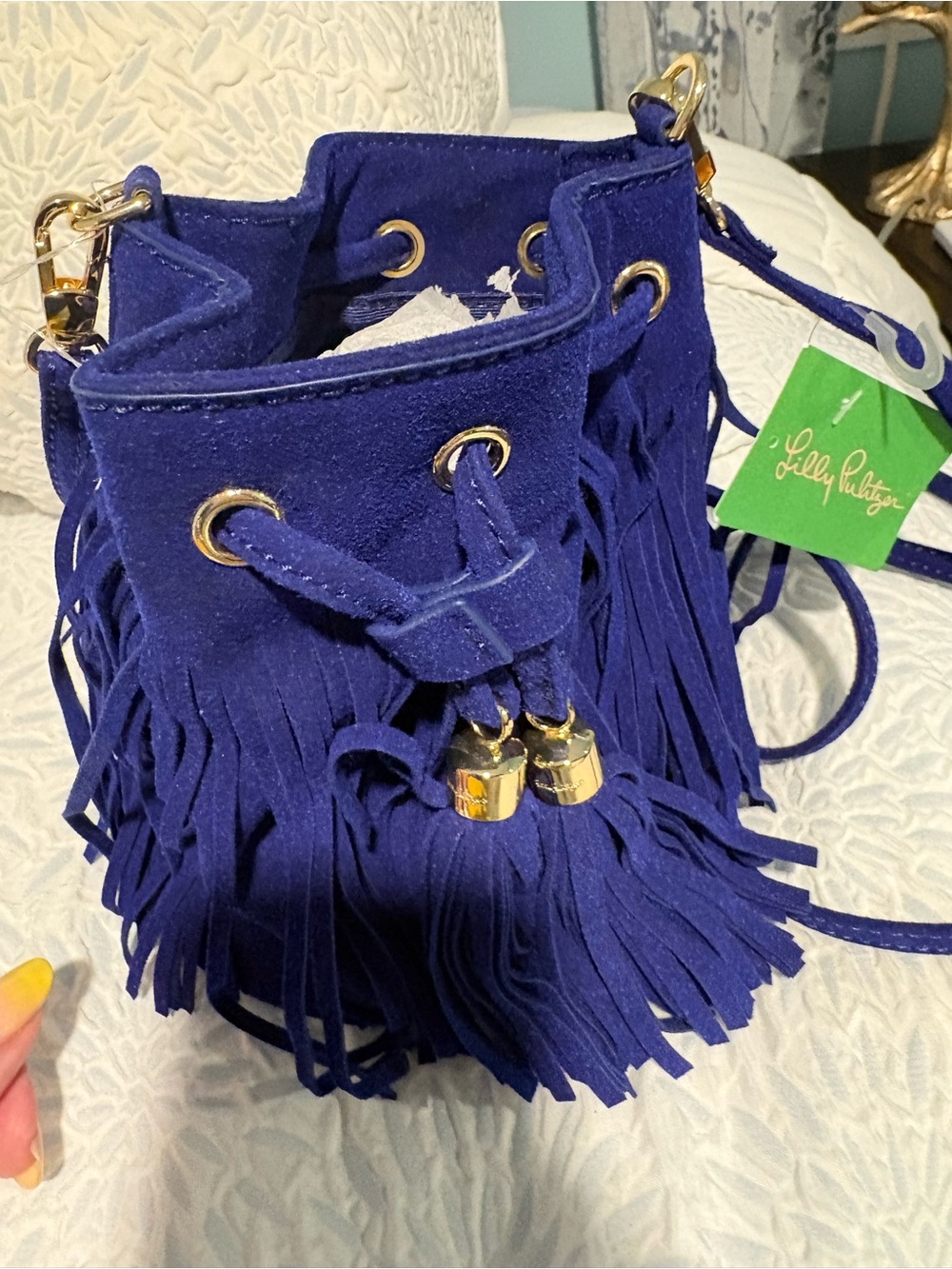 Lilly Pulitzer nwt Cobalt Blue Suede Fringe Drawstring Crossbody